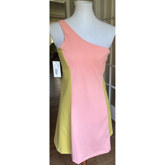 Outdoor Voices One Shoulder Dress Medium Nectarine Dijon Colorblock NWT - Picture 3 of 9